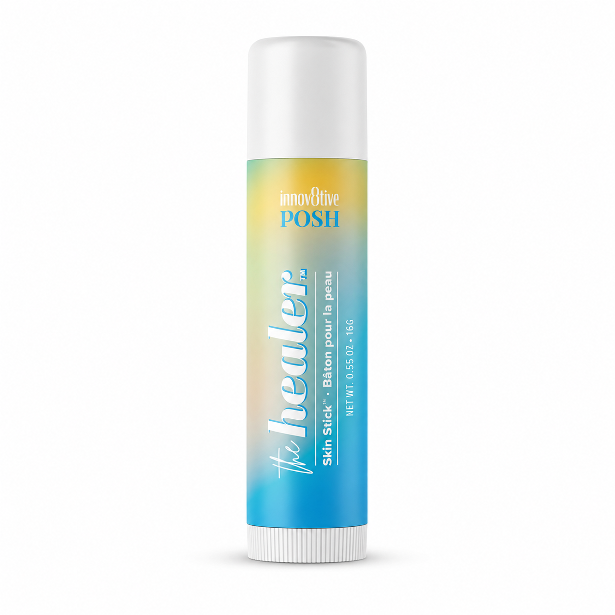 A tube of Perfectly Posh THE HEALER Skin Stick with Shea Butter, decorated with a blue, yellow, and white gradient label, stands upright on a white background.