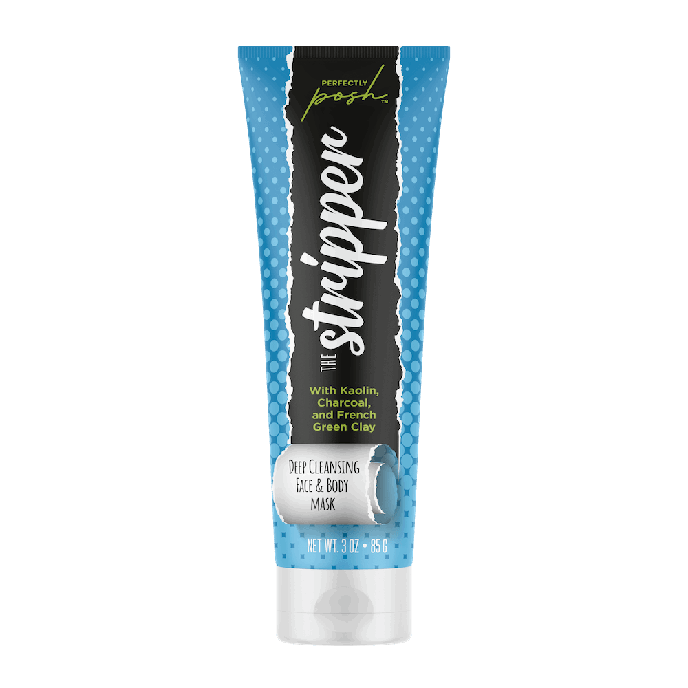 A blue tube of Perfectly Posh Stripper Deep Cleansing Face & Body Mask stands upright on a white background, highlighting detoxifying ingredients like kaolin clay, charcoal, and French green clay on the packaging.