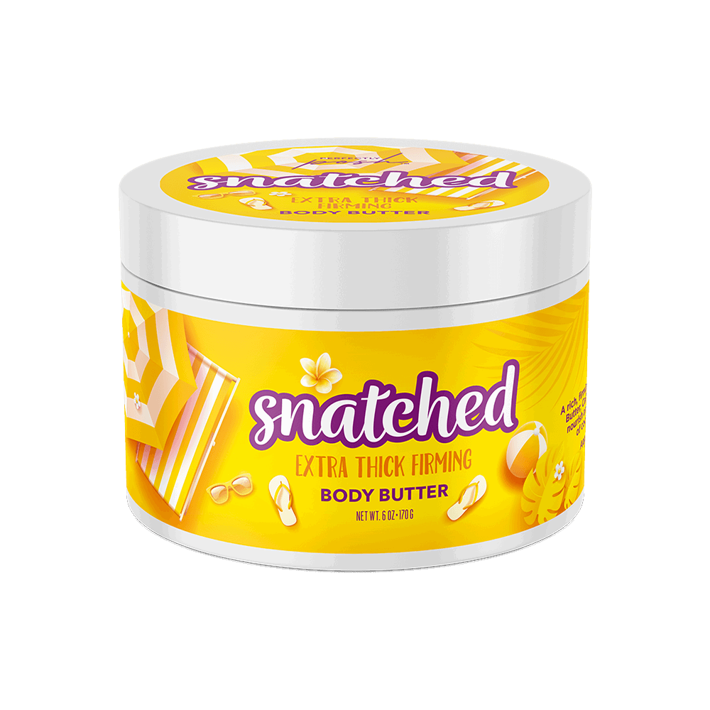 A yellow and white 6 oz (170 g) container of Perfectly Posh Snatched Extra Thick Firming Body Butter with guarana extract features sunglasses, an umbrella, and tropical leaves on the label.