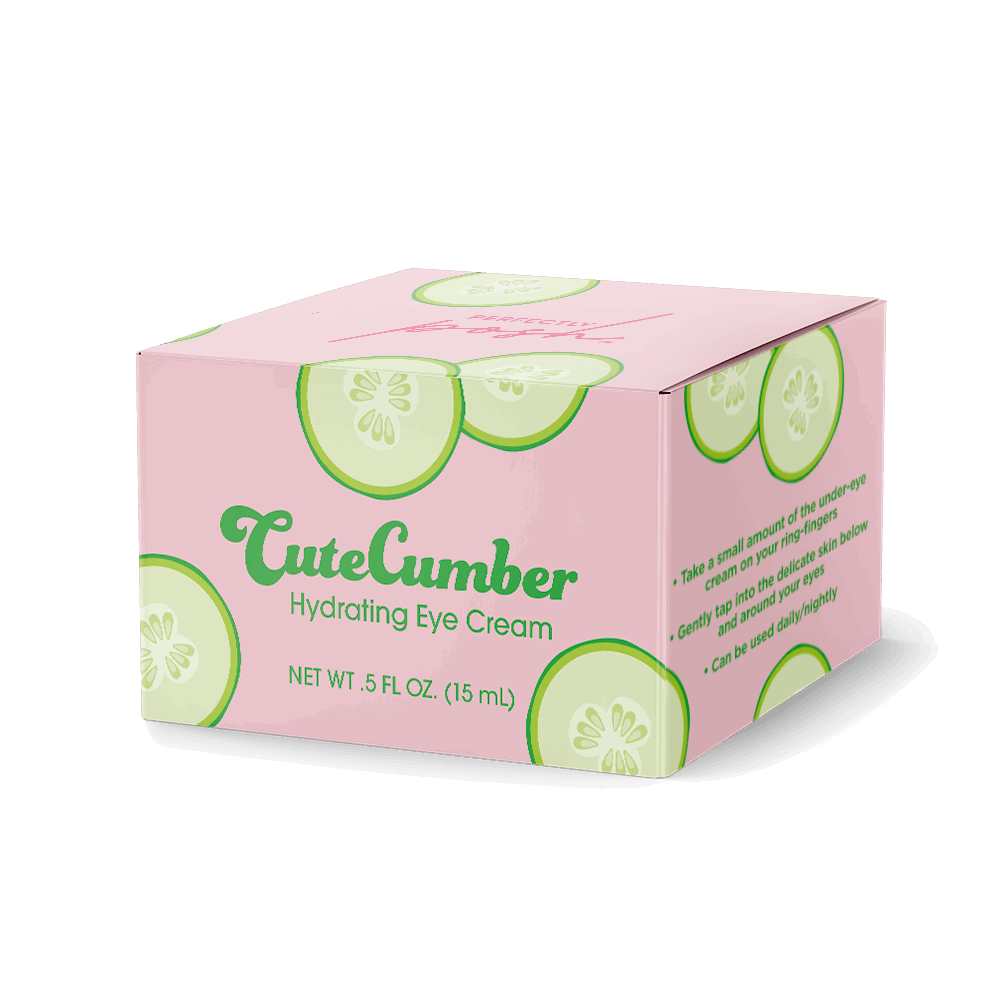 A pink box labeled CuteCumber Hydrating Eye Cream by Perfectly Posh with green cucumber slice graphics and instructions, contains 0.5 fl oz (15 mL) to help reduce puffiness and dark circles.