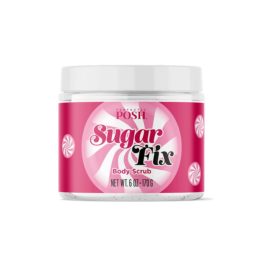 A 6 oz (170 g) jar of Perfectly Posh Sugar Fix Body Scrub with a pink and white swirl label, peppermint candy images, and an avocado oil moisturizing formula, shown on a white background.