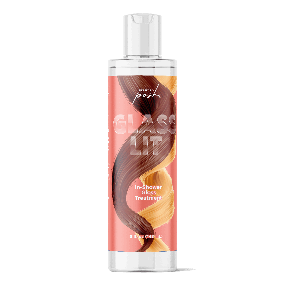 A bottle of Perfectly Posh Glass Lit In-Shower Gloss Treatment with a pink and gold label and hair graphic promises a glass-like shine from this treatment, displayed against a plain white background.