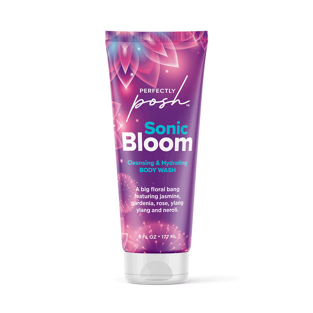 A vibrant 6 fl oz (177 mL) tube of Perfectly Posh Sonic Bloom Cleansing & Hydrating Body Wash features floral graphics and highlights jasmine, gardenia, rose, ylang ylang, neroli, plus soothing aloe.