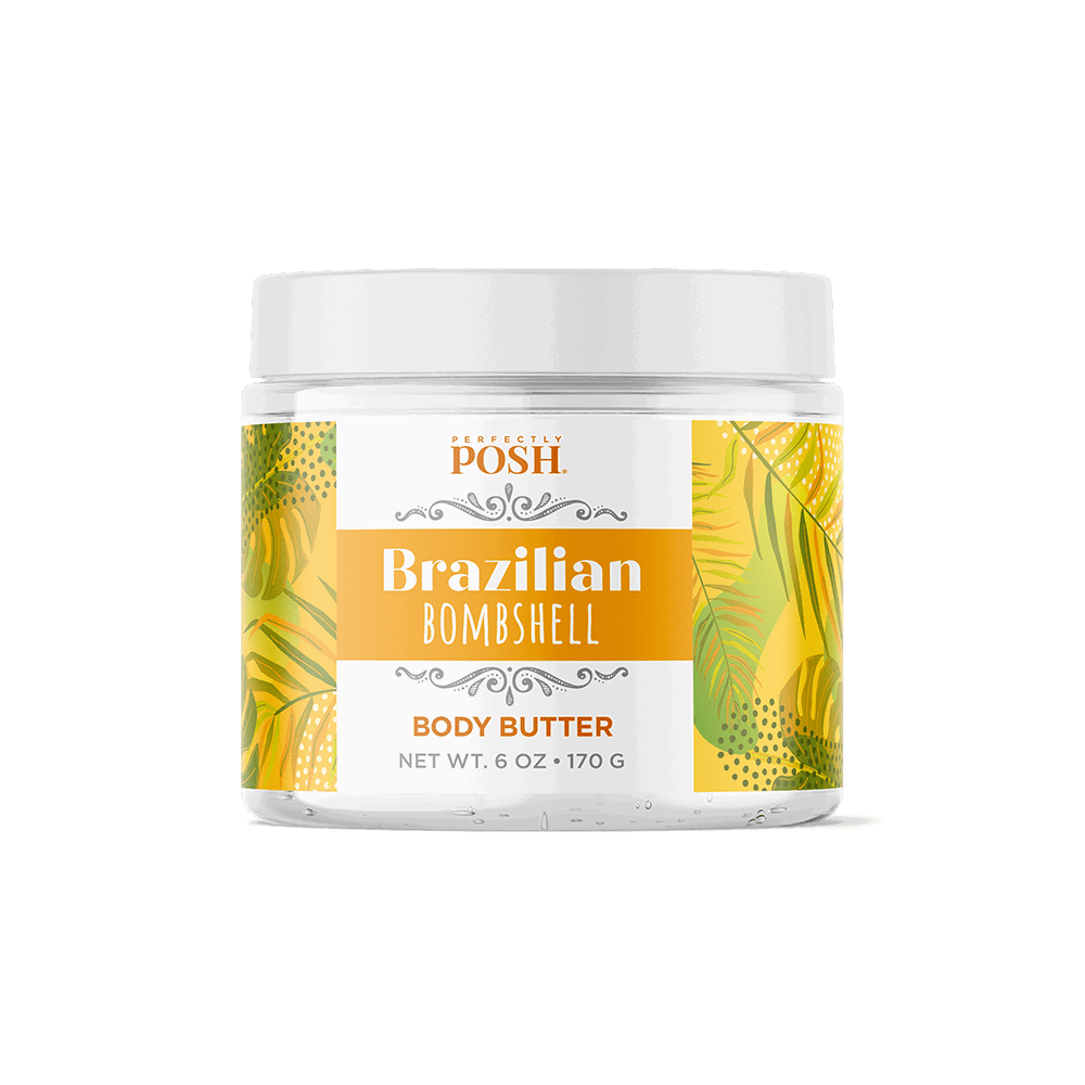 A 6 oz (170 g) white jar of Perfectly Posh Brazilian Bombshell Skindelicious Body Butter, enriched with shea butter for dry skin, features a yellow and green tropical leaf label.