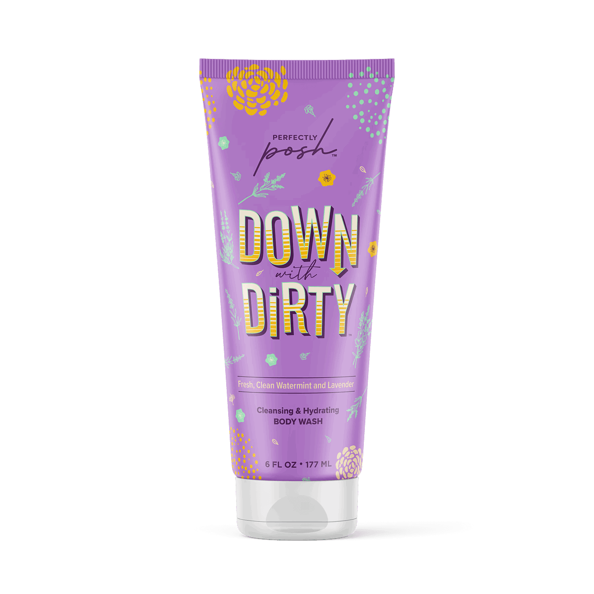 A 6 fl oz (177 ml) tube of Perfectly Posh Down with Dirty Cleansing & Hydrating Body Wash features a vibrant purple background with yellow, green, and white accents in fruity, lavender, and floral designs. Gentle and sulfate-free.