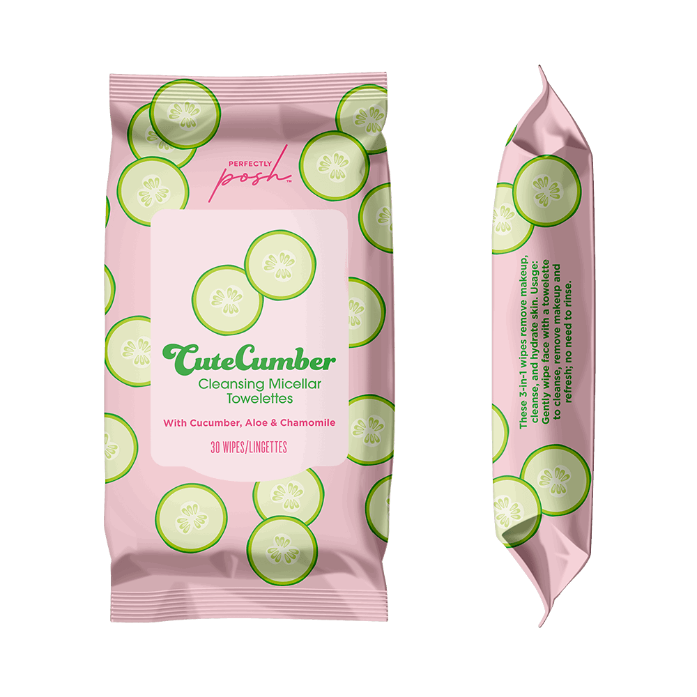 A pink pack of Perfectly Posh CuteCumber Cleansing Micellar Towelettes for sensitive skin, featuring cucumber slice artwork. Contains 30 wipes with cucumber, aloe, and chamomile. Both front and side views are shown.