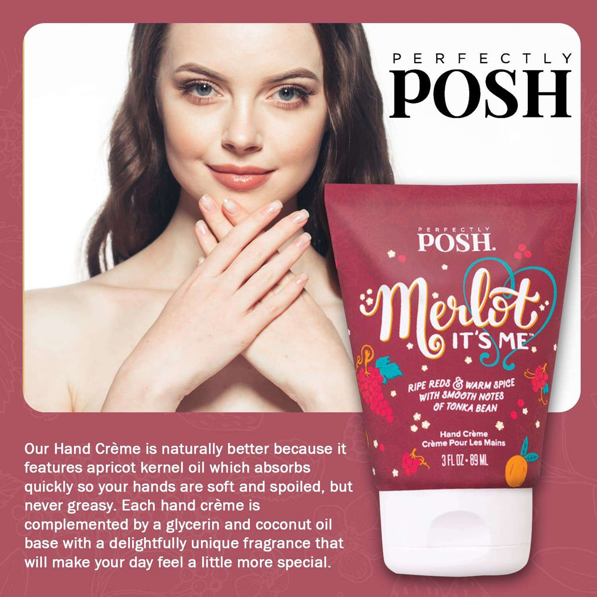 A woman with long brown hair smiles softly, hands gently touching, in front of a tube of Perfectly Posh Merlot Its Me BFYHC hand crème by Perfectly Posh, infused with nourishing coconut oil and featuring a colorful design.