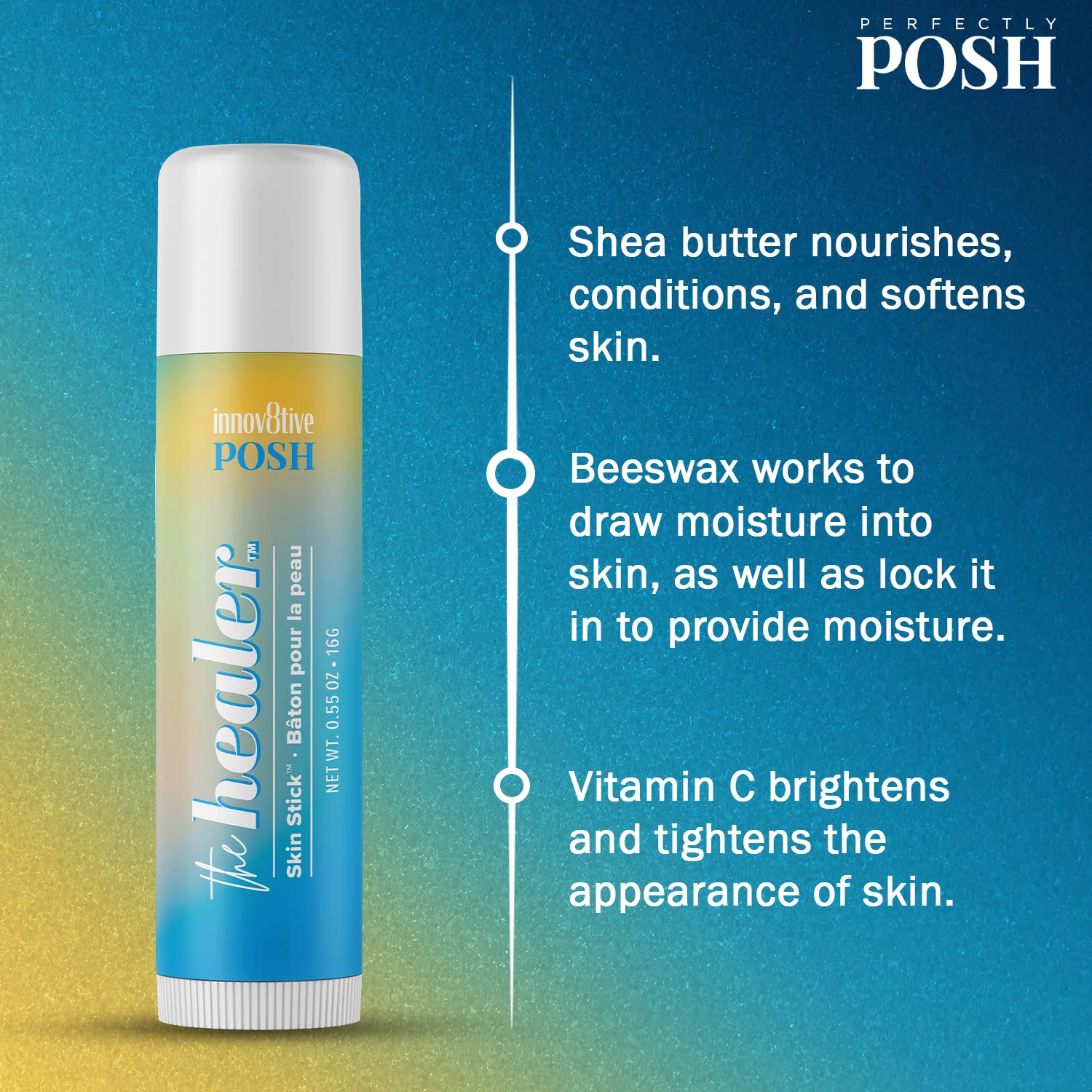 Perfectly Posh THE HEALER Skin Stick w/Shea Butter is enriched with nourishing shea butter, moisture-locking beeswax, and brightening vitamin C. Infused with orange essential oil for a refreshing boost, this skin stick soothes and revitalizes your complexion.