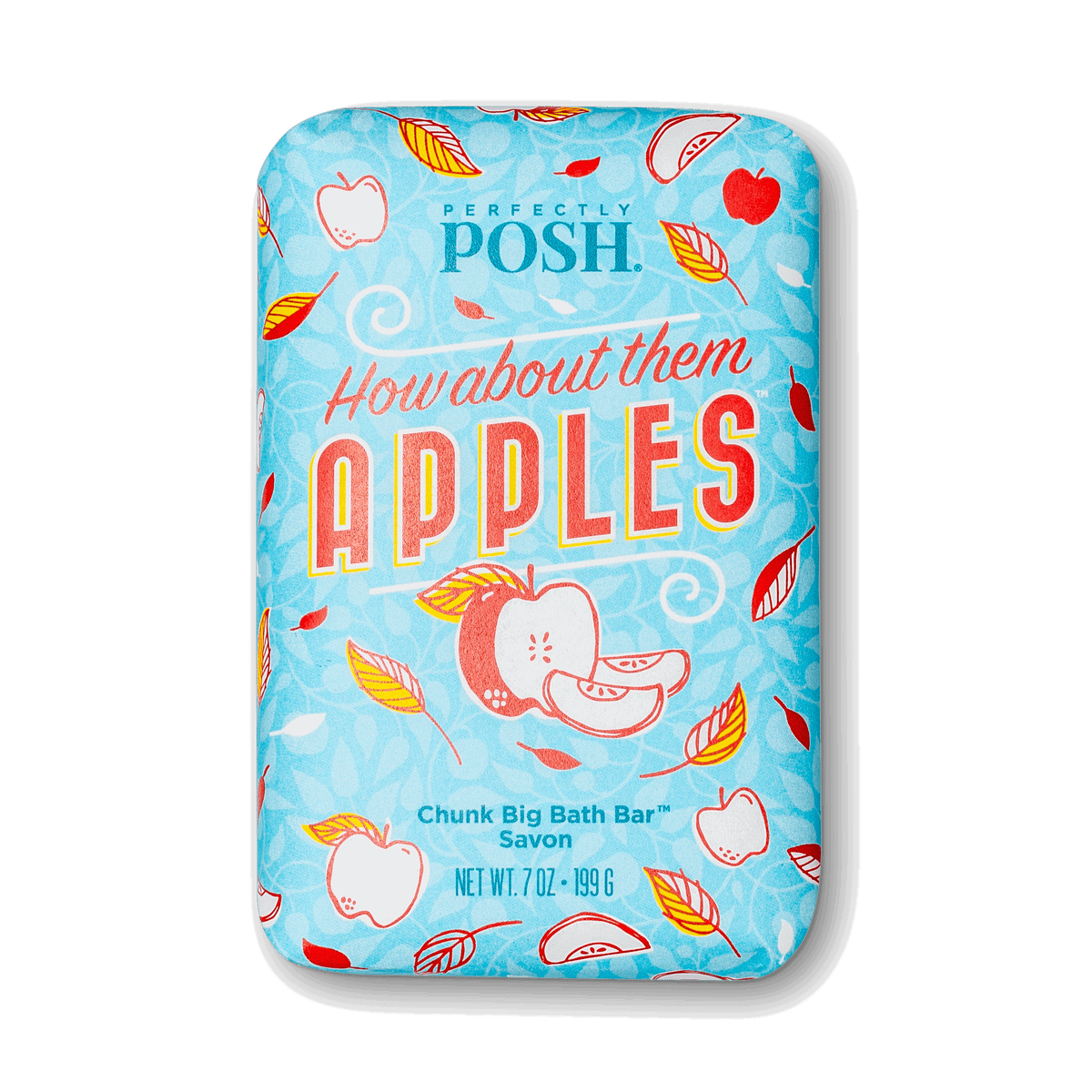 A rectangular blue bath bar by Perfectly Posh, called How About Them Apples Chunk, features apple and leaf designs. The packaging highlights a fresh apple scent and promises a big bath bar for clear skin. Net Wt. 7 oz / 199 g.