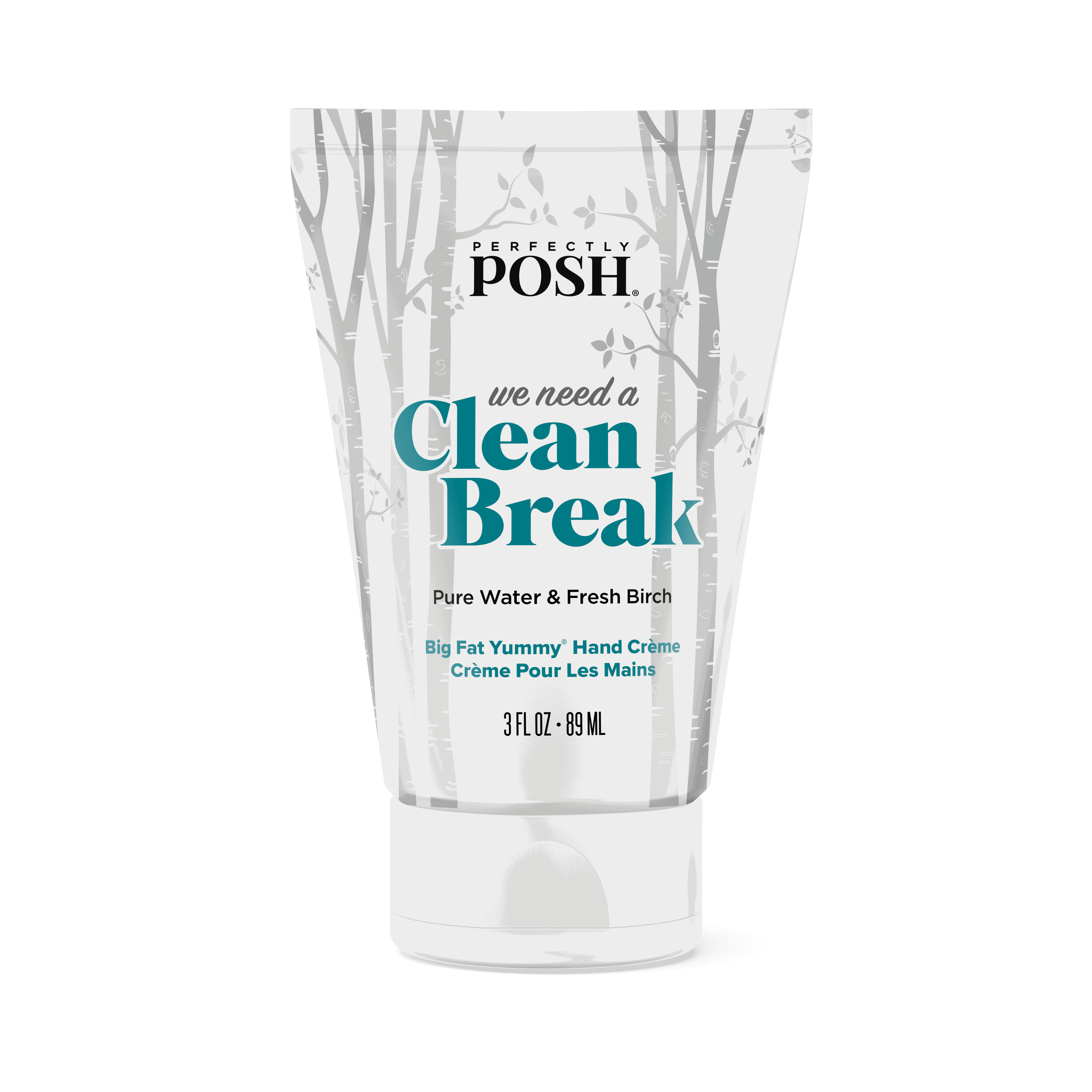 A tube of Perfectly Posh We Need a Clean BFYHC hand creme with a white, birch tree design and teal/black text, scented with Pure Water & Fresh Birch and enriched with apricot kernel oil.
