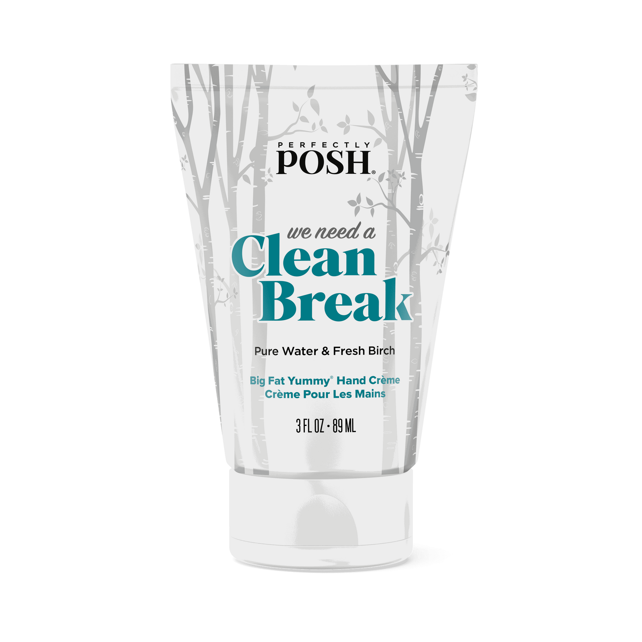 A tube of Perfectly Posh We Need a Clean BFYHC hand creme with a white, birch tree design and teal/black text, scented with Pure Water & Fresh Birch and enriched with apricot kernel oil.