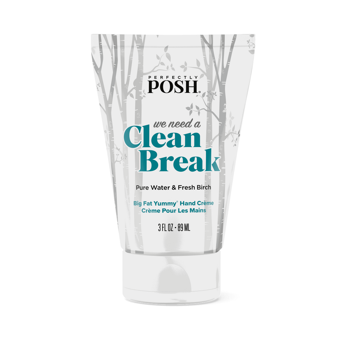 A tube of Perfectly Posh We Need a Clean BFYHC hand creme with a white, birch tree design and teal/black text, scented with Pure Water & Fresh Birch and enriched with apricot kernel oil.