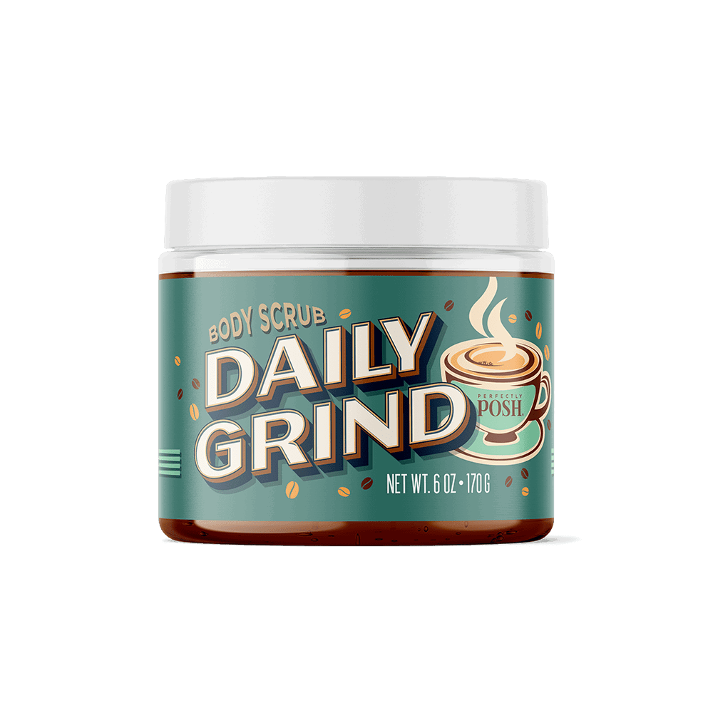 A 6 oz (170 g) jar of Perfectly Posh Daily Grind Body Scrub with a white lid features coffee beans and a steaming cup on teal. This coffee exfoliant provides a revitalizing, smooth-skin treatment.