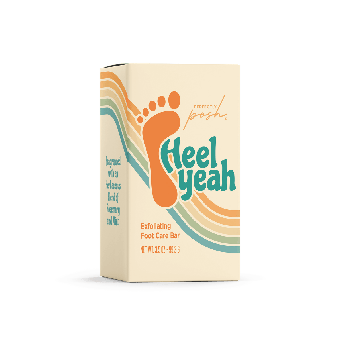 A cream-colored box labeled "Heel Yeah Bar - Perfectly Posh" by Perfectly Posh features an orange footprint, colorful stripes, and herbaceous rosemary & mint scent. Net weight: 3.25 oz (92 g).