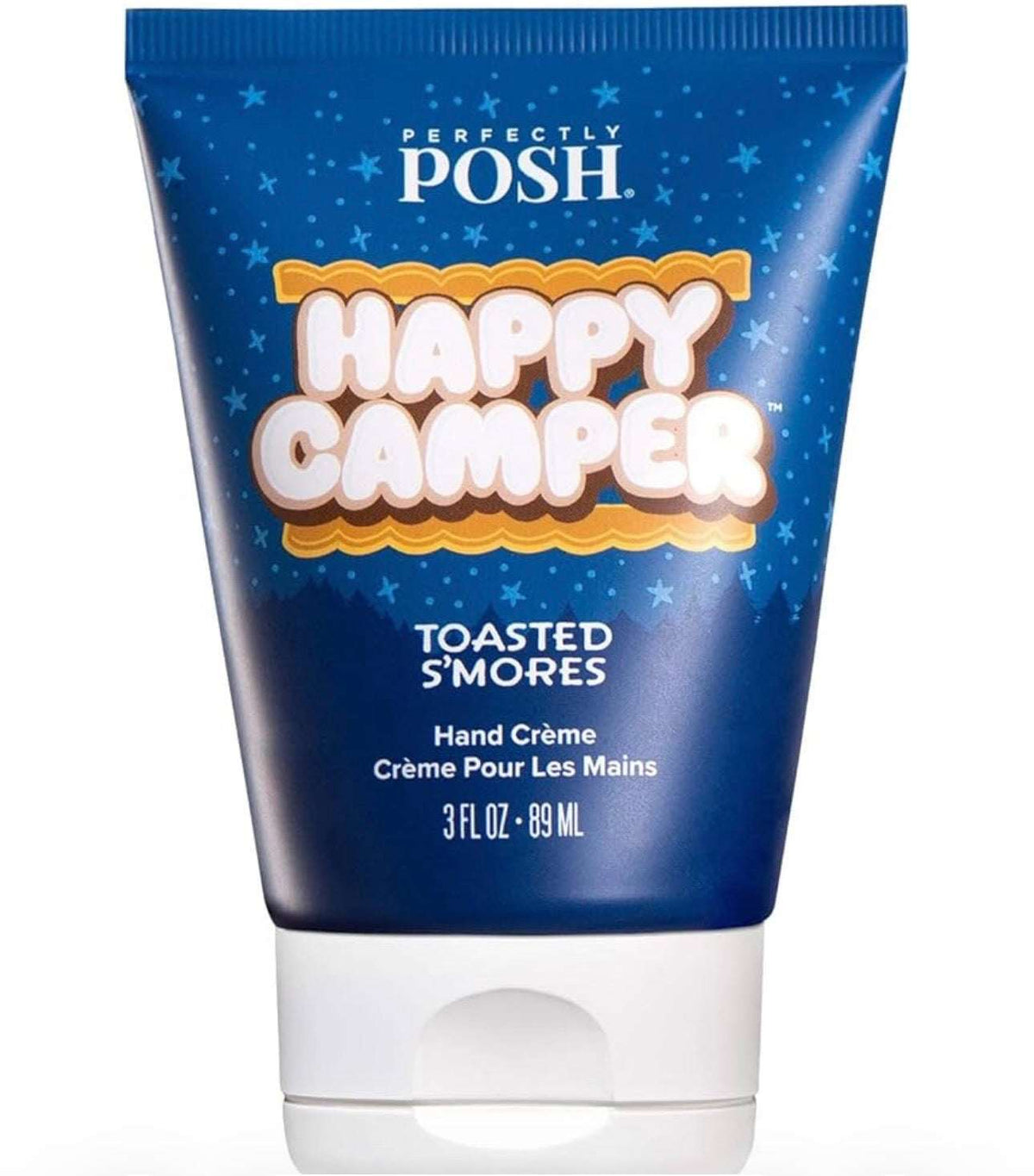 A 3 fl oz (89 ml) blue tube of Perfectly Posh Happy Camper Hand Creme features white stars, a s’more illustration, and a white flip-top cap.