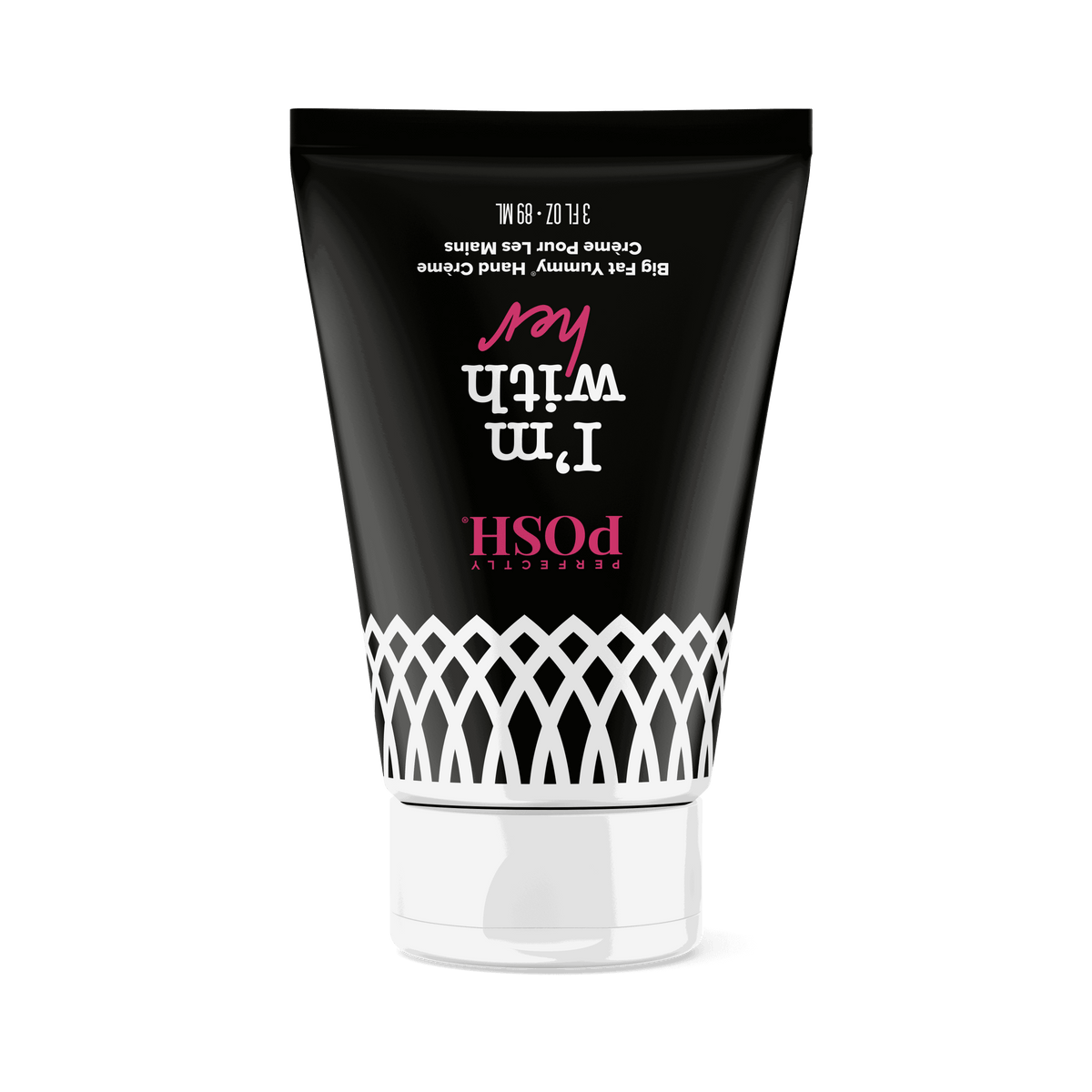A black and white tube of Perfectly Posh’s "I'm With Her BFYHC" hand creme, featuring coconut oil and a geometric pattern near the cap, stands upright with its name displayed in white and pink text.