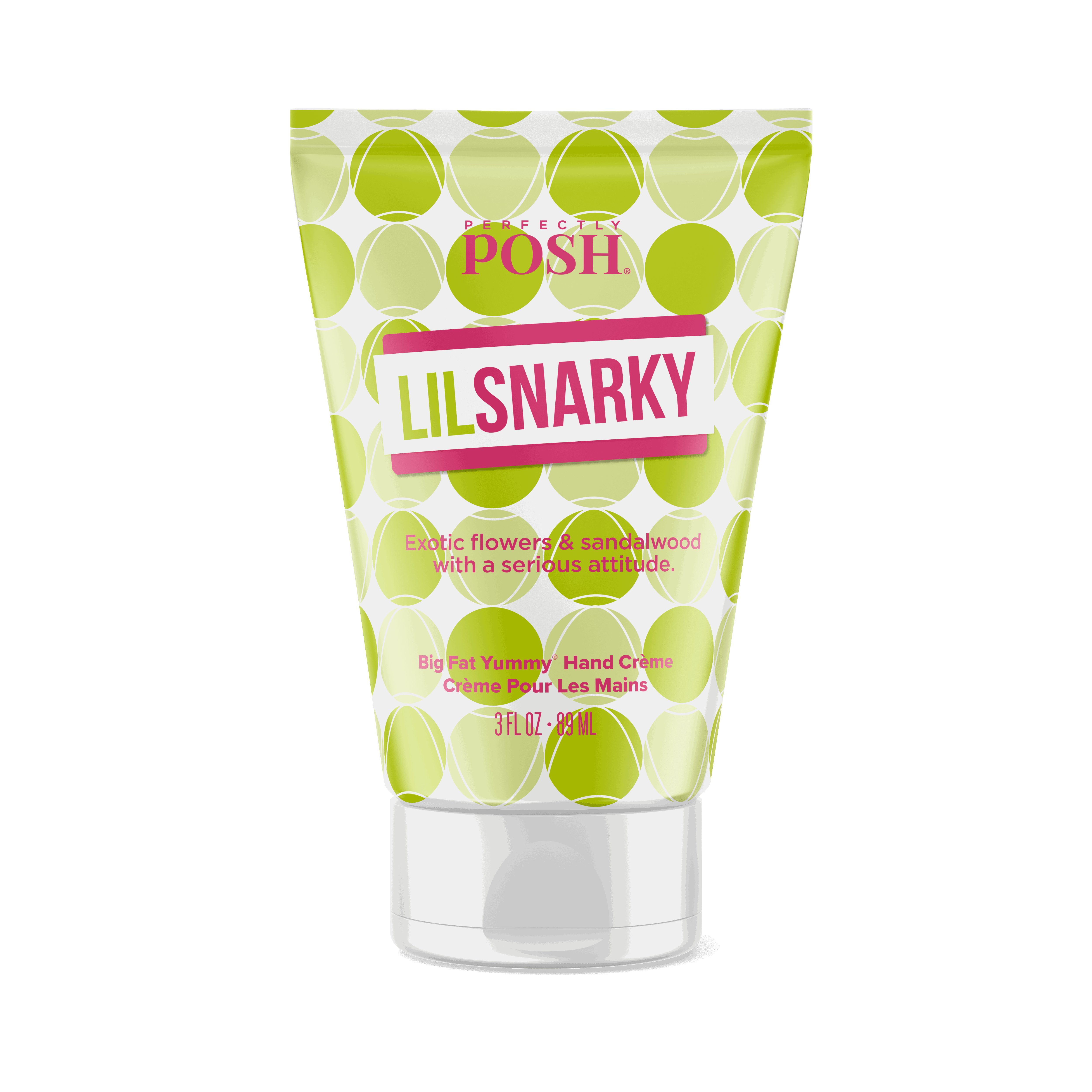 A tube of Perfectly Posh Snarky Big Fat Yummy Hand Creme features a green and yellow polka dot design and offers an exotic flower & sandalwood fragrance with nourishing apricot kernel oil.