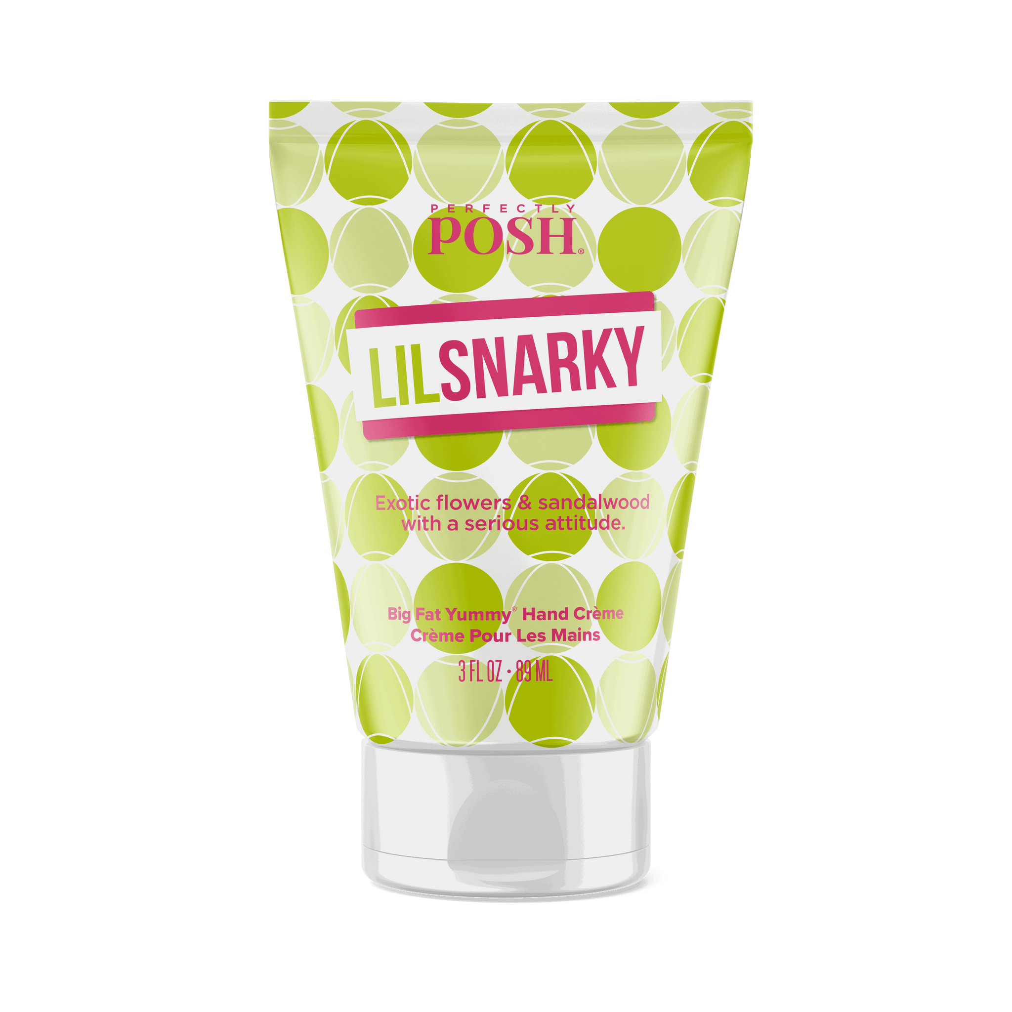 A tube of Perfectly Posh Snarky Big Fat Yummy Hand Creme features a green and yellow polka dot design and offers an exotic flower & sandalwood fragrance with nourishing apricot kernel oil.