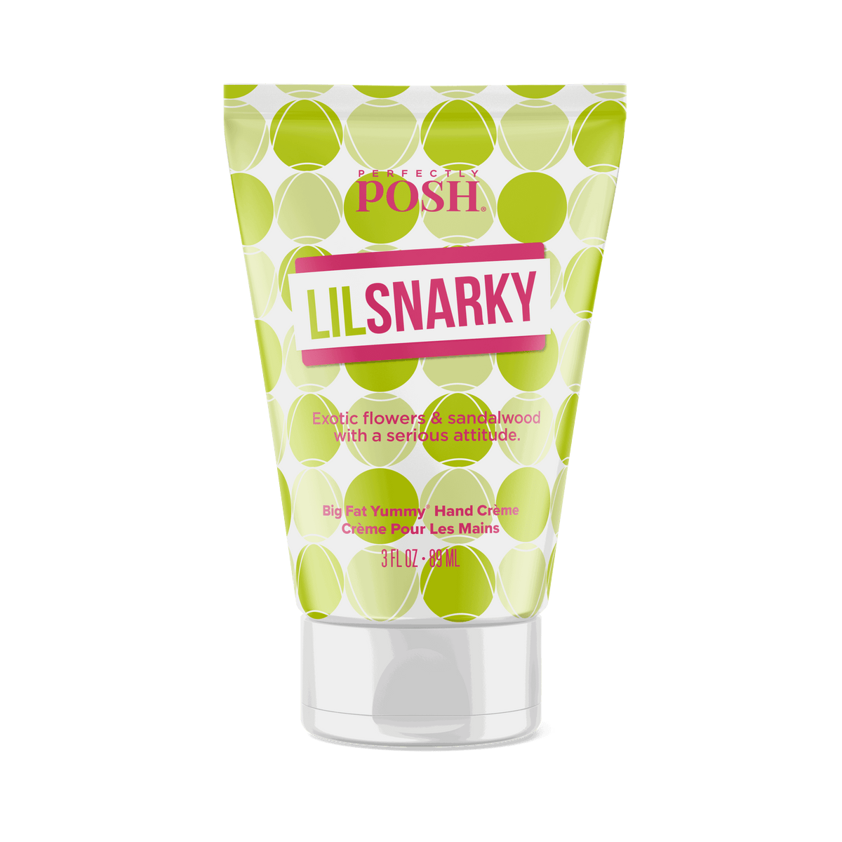 A tube of Perfectly Posh Snarky Big Fat Yummy Hand Creme features a green and yellow polka dot design and offers an exotic flower & sandalwood fragrance with nourishing apricot kernel oil.
