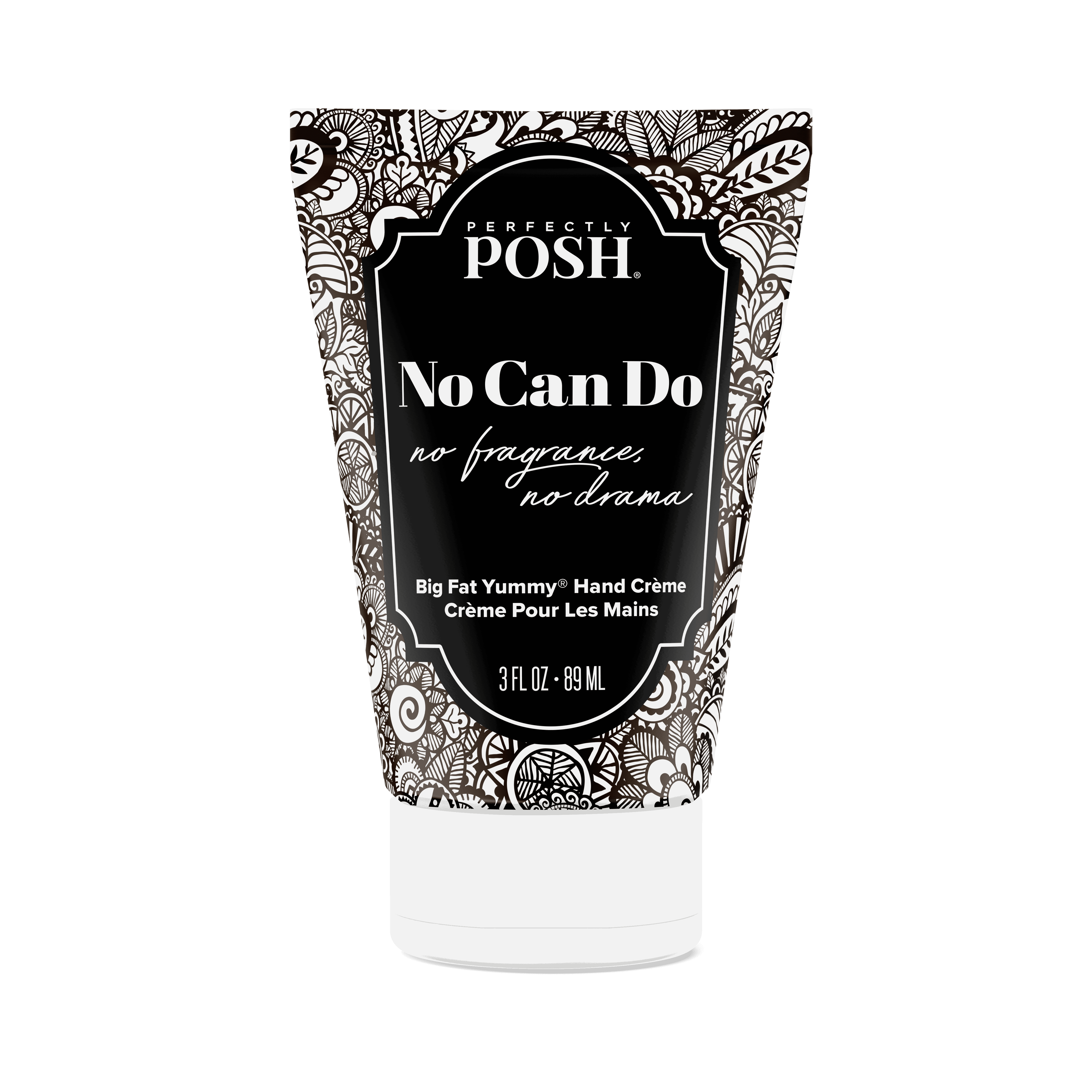 A 3 fl oz tube of Perfectly Posh No Can Do Big Fat Yummy Hand Creme, designed with black and white florals, features coconut and apricot kernel oils for soft skin. Fragrance-free. 89 ml.
