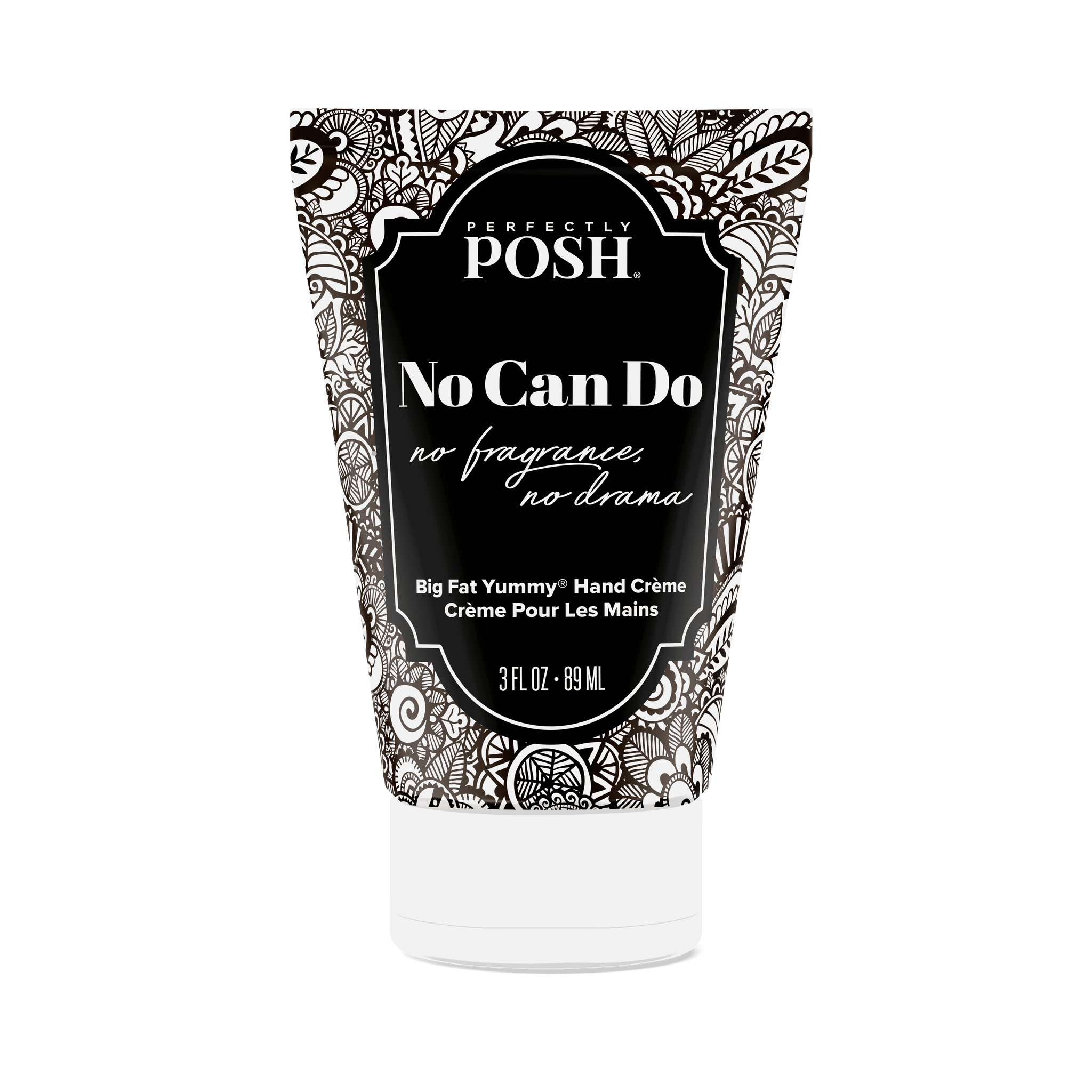 A 3 fl oz tube of Perfectly Posh No Can Do Big Fat Yummy Hand Creme, designed with black and white florals, features coconut and apricot kernel oils for soft skin. Fragrance-free. 89 ml.