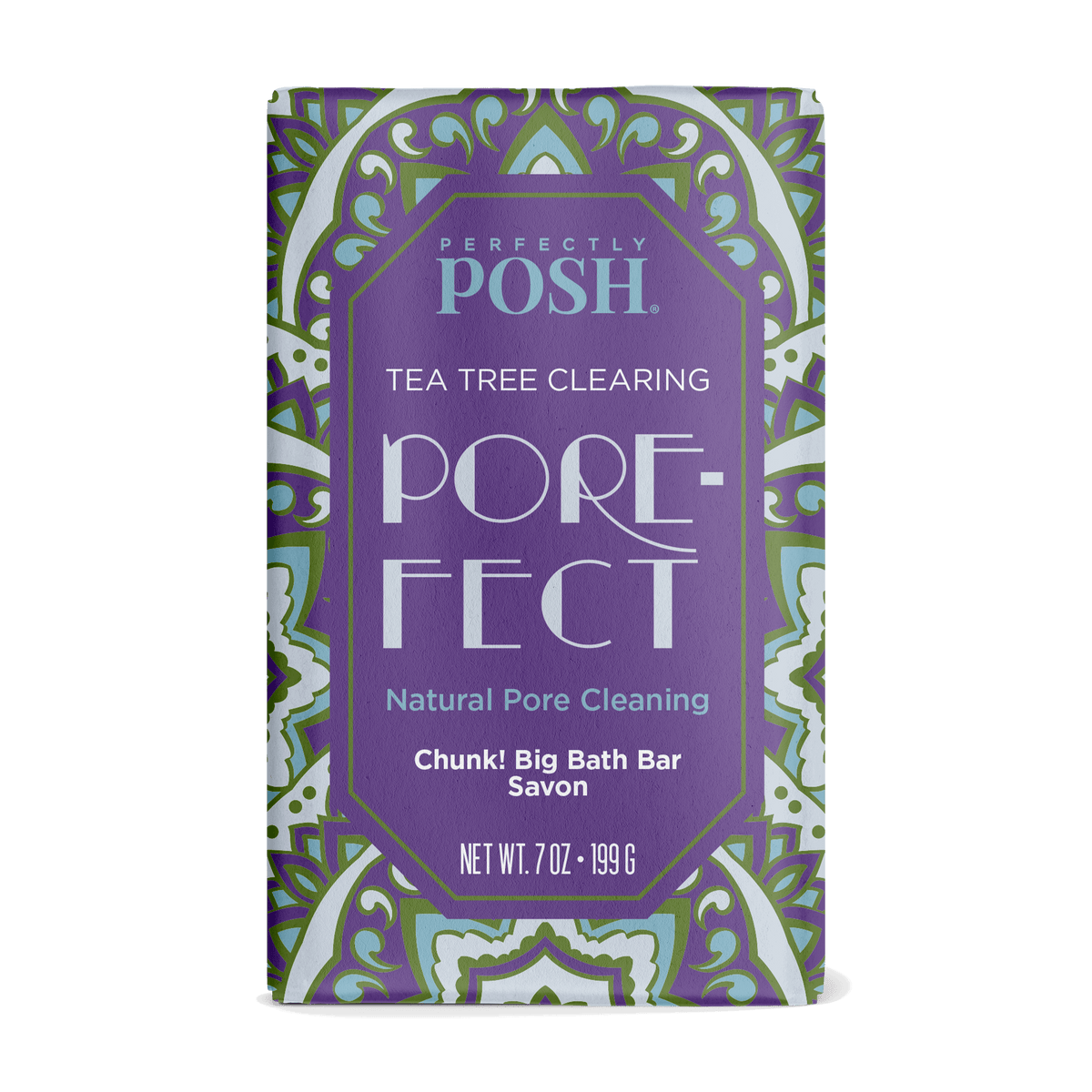 A 7 oz Pore-fect Chunk Big Bath Bar by Perfectly Posh in purple and green mandala packaging, made with tea tree oil and willow bark to naturally cleanse pores.