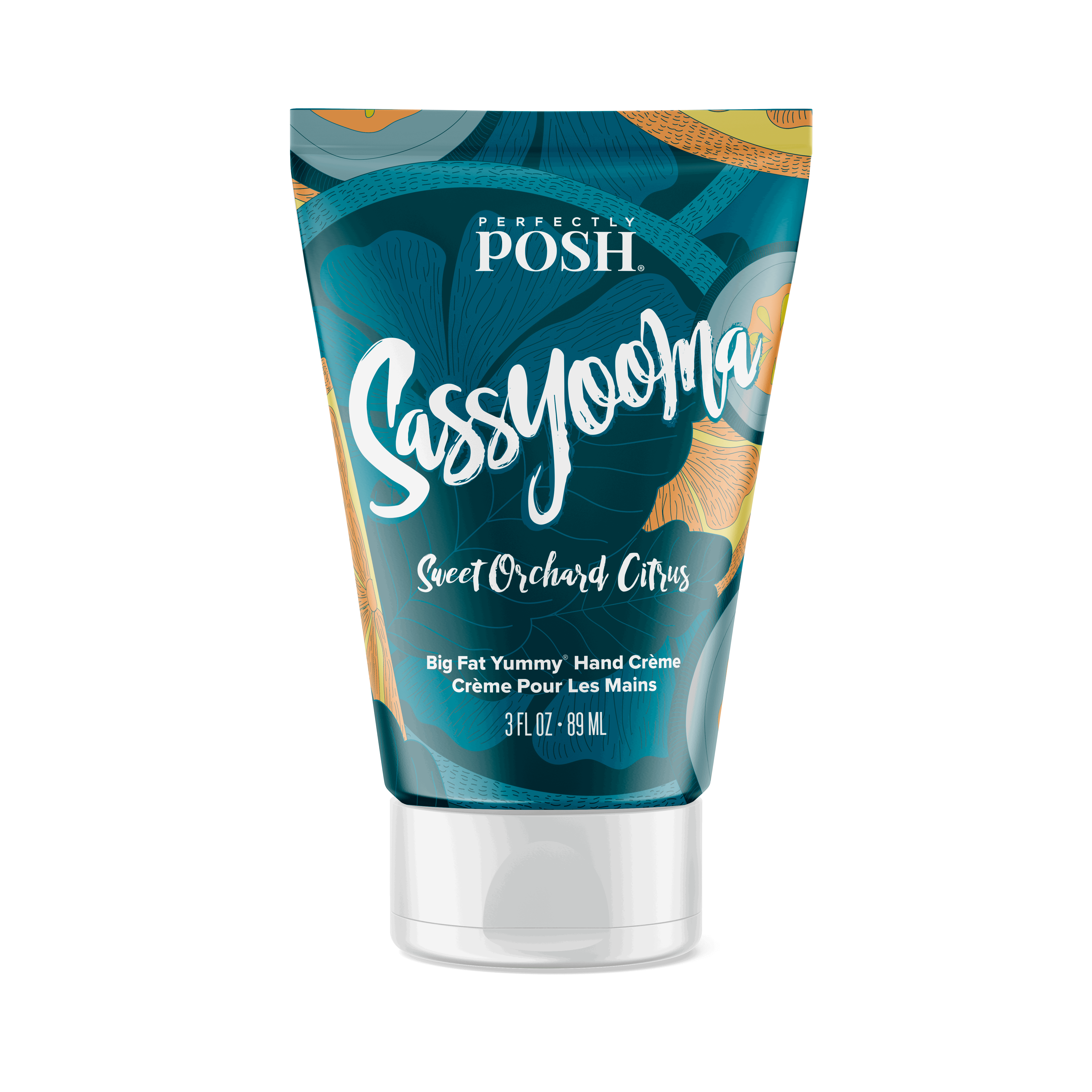 A 3 fl oz (89 mL) tube of Perfectly Posh Sassyooma Big Fat Yummy Hand Creme, featuring colorful floral artwork, enriched with apricot kernel oil, and an uplifting orchard citrus scent.