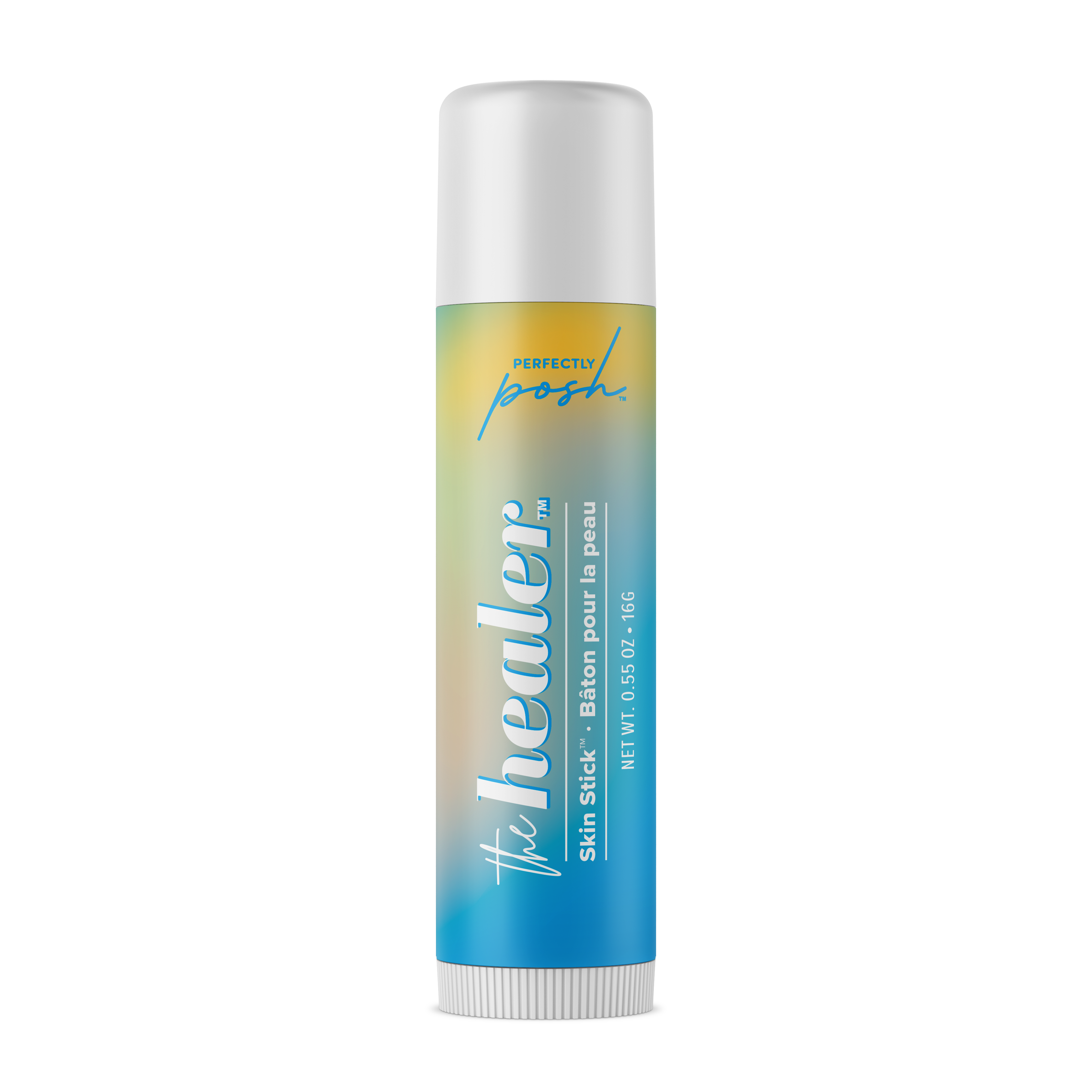 A tube of Perfectly Posh THE HEALER Skin Stick w/Shea Butter, displaying a blue and yellow gradient label and topped with a white cap, is shown standing upright against a white background.