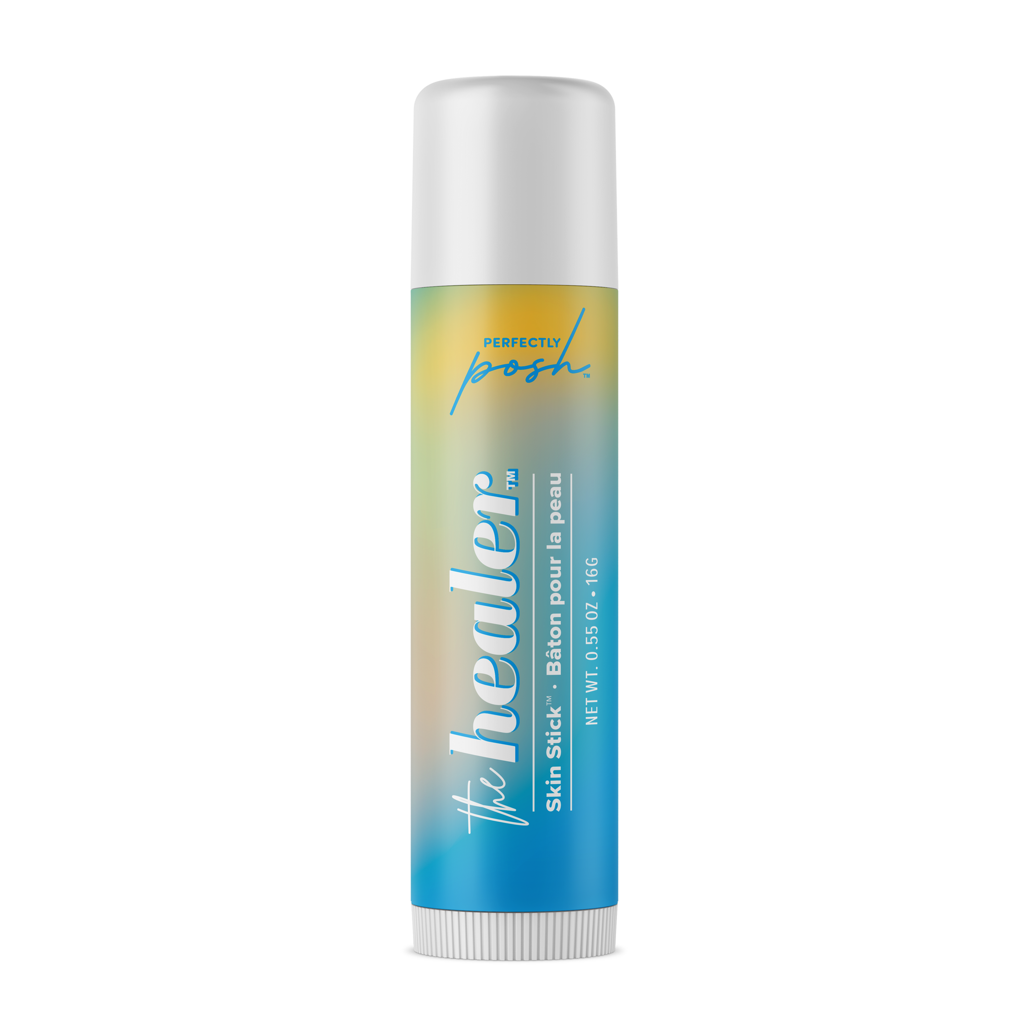 A tube of Perfectly Posh THE HEALER Skin Stick w/Shea Butter, displaying a blue and yellow gradient label and topped with a white cap, is shown standing upright against a white background.