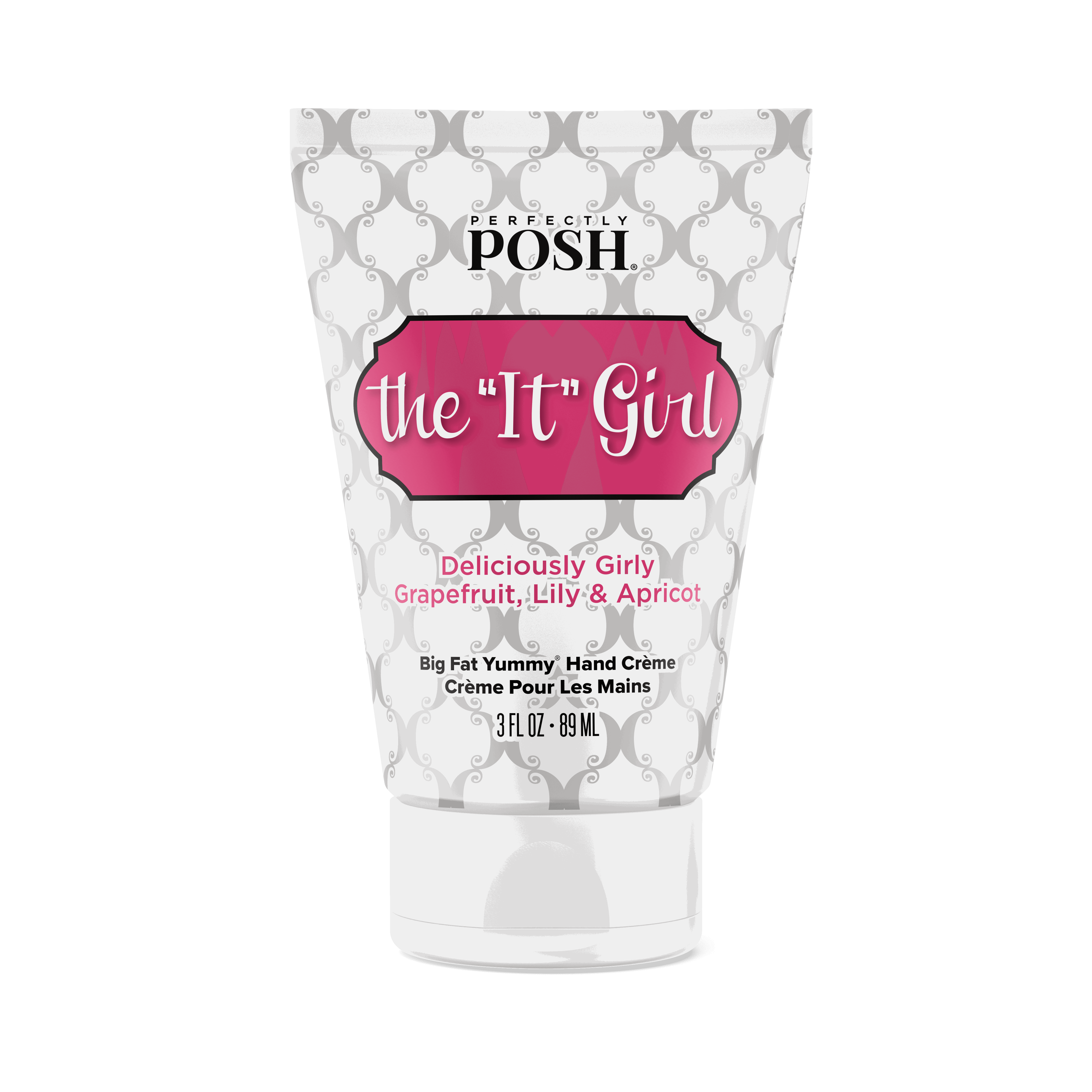 A 3 fl oz (89 mL) tube of Perfectly Posh It Girl Big Fat Yummy Hand Creme with grapefruit, lily, and apricot kernel oil, in a patterned white and gray design with pink label accents.