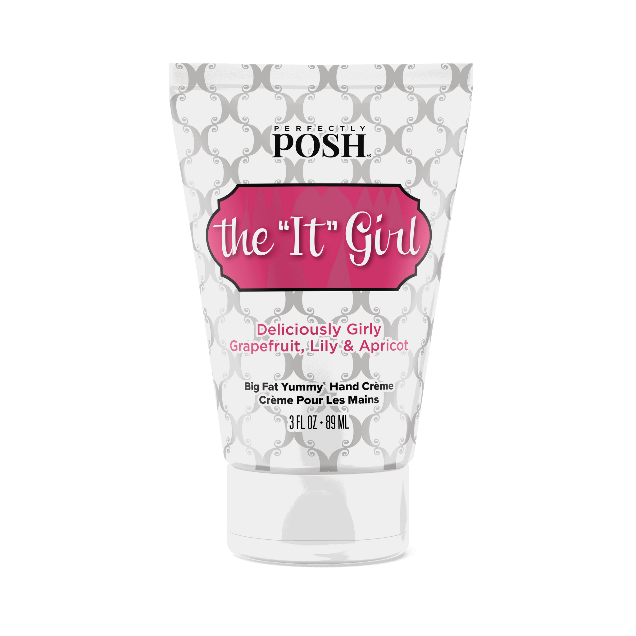 A 3 fl oz (89 mL) tube of Perfectly Posh It Girl Big Fat Yummy Hand Creme with grapefruit, lily, and apricot kernel oil, in a patterned white and gray design with pink label accents.