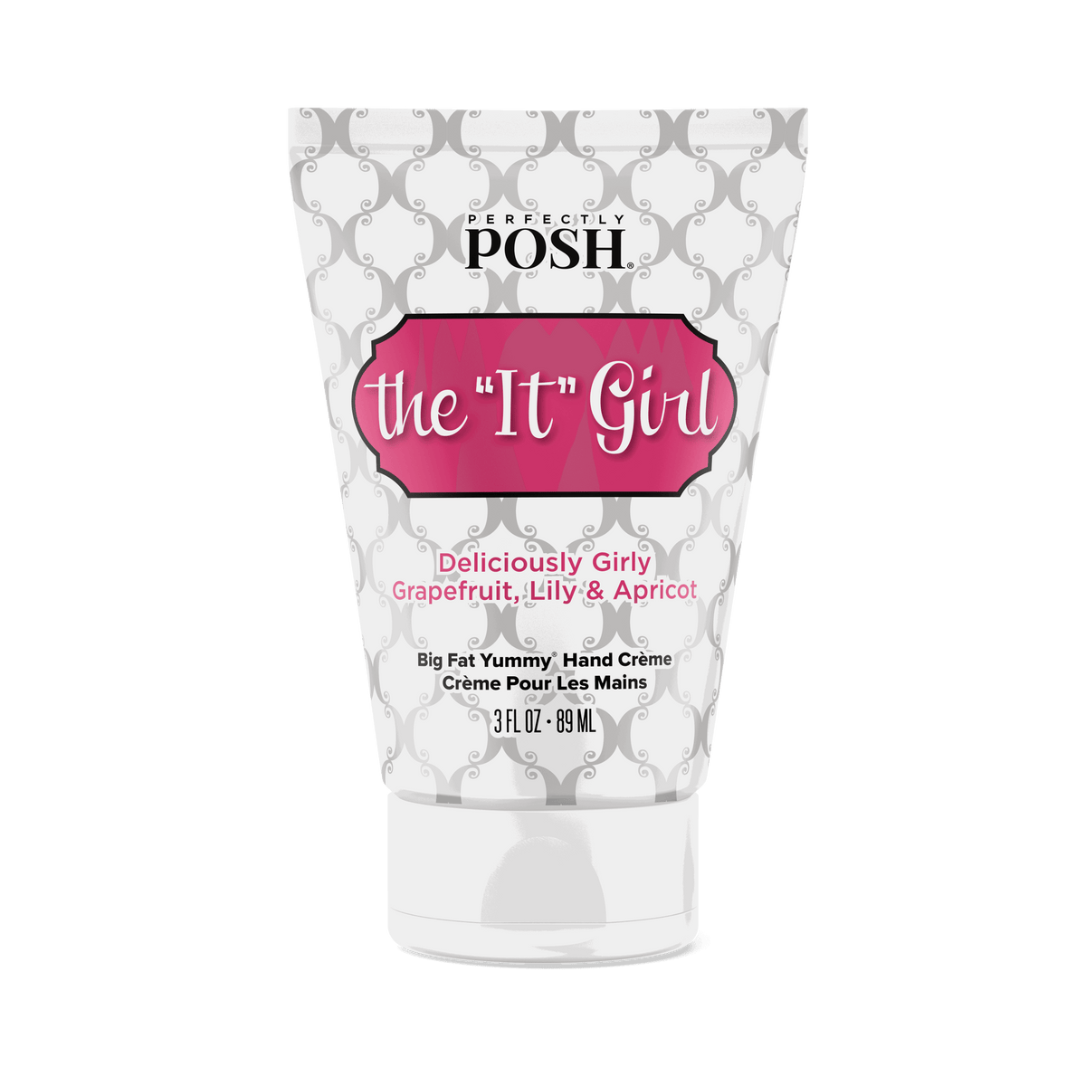 A 3 fl oz (89 mL) tube of Perfectly Posh It Girl Big Fat Yummy Hand Creme with grapefruit, lily, and apricot kernel oil, in a patterned white and gray design with pink label accents.