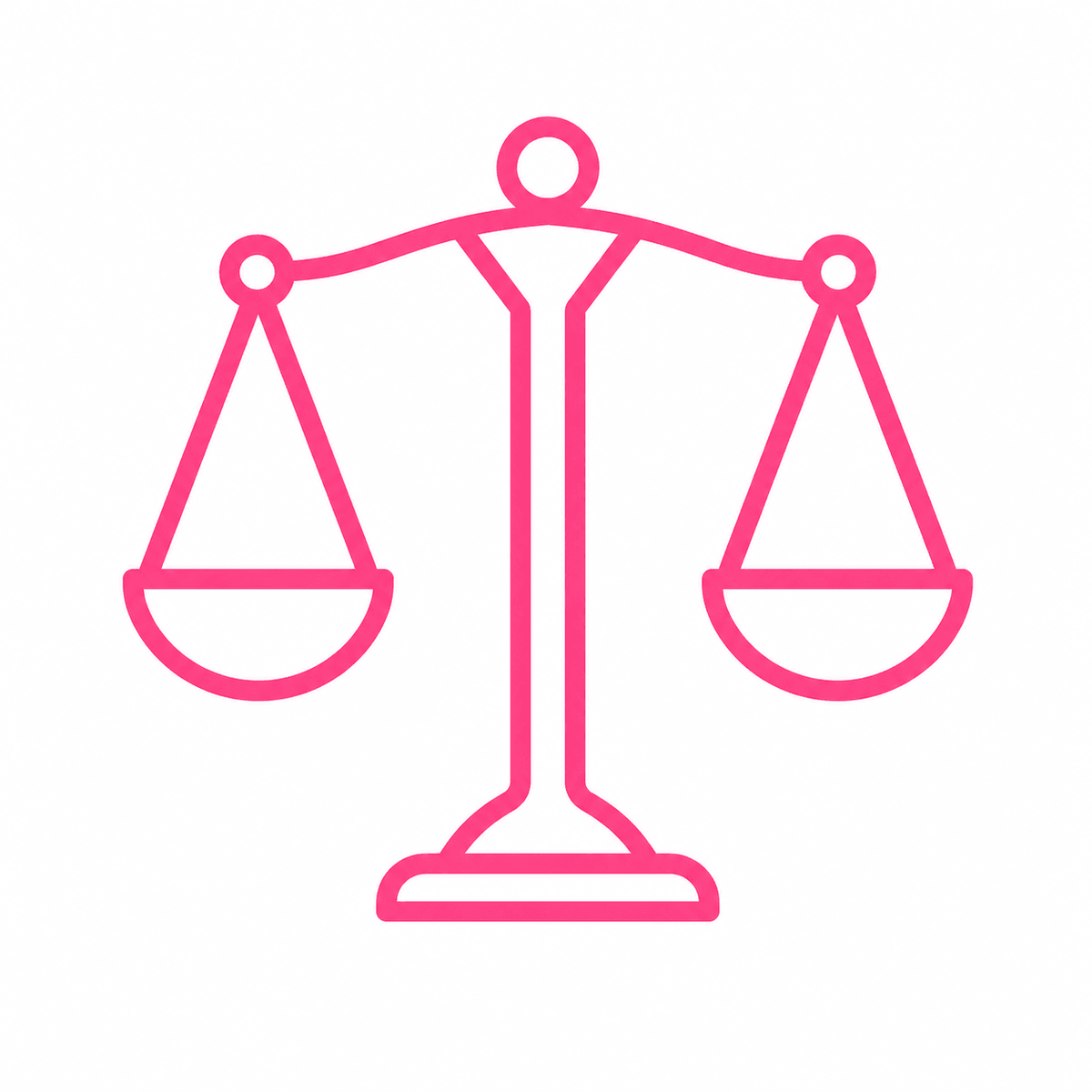 A pink outline of a balance scale on a white background, symbolizing justice, fairness, or equality.