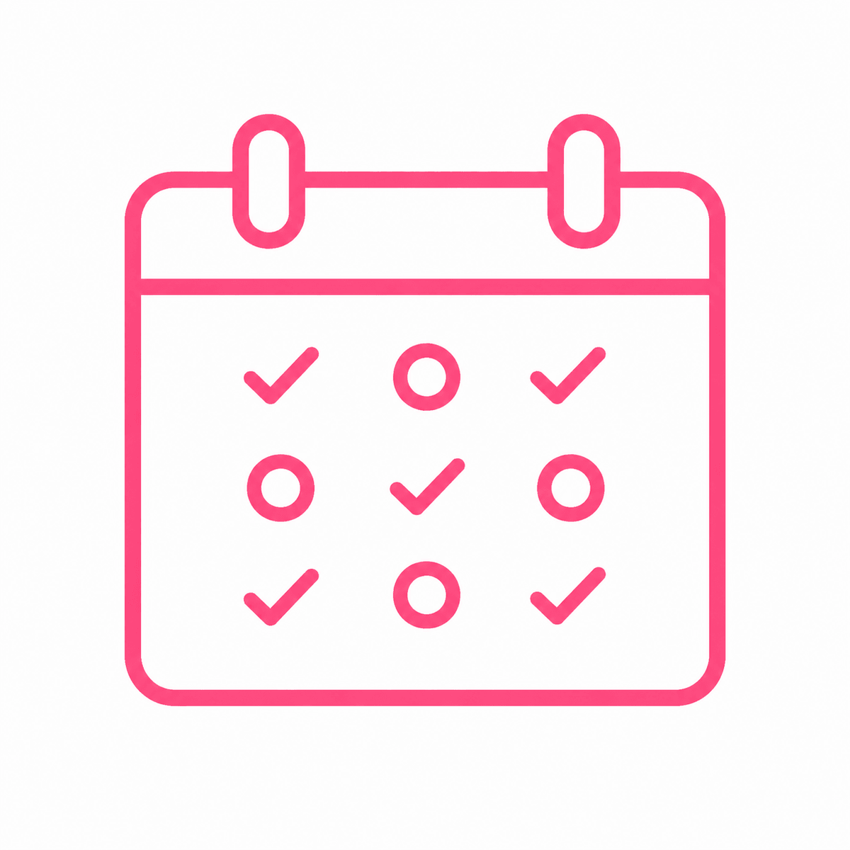 A pink line drawing of a calendar with circles and check marks on various days, suggesting a schedule or tracking completed tasks. The background is white.