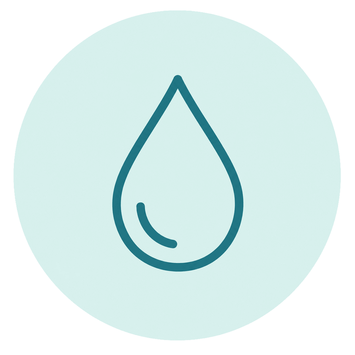 A simple blue outline of a water droplet centered on a light blue circular background.