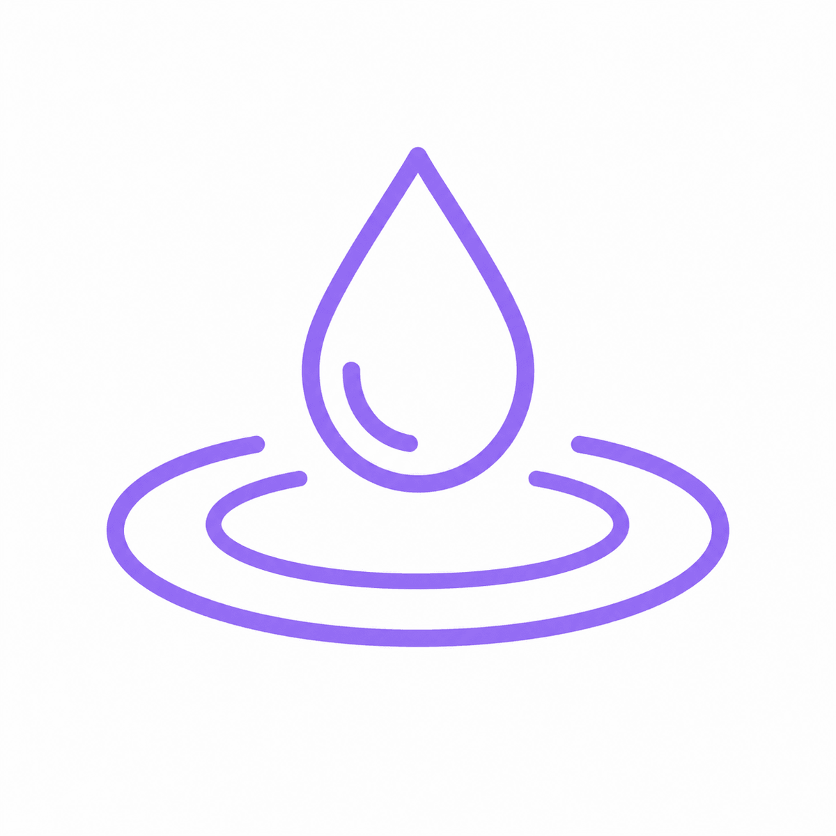 A simple purple line drawing of a single water droplet falling into a circular ripple on a white background.