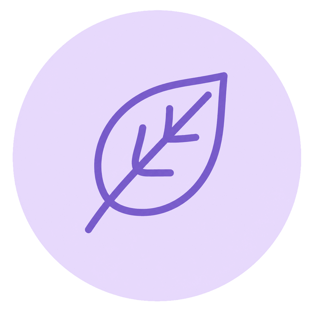A simple purple outline of a leaf is centered on a light purple circular background. The design is minimal and modern.