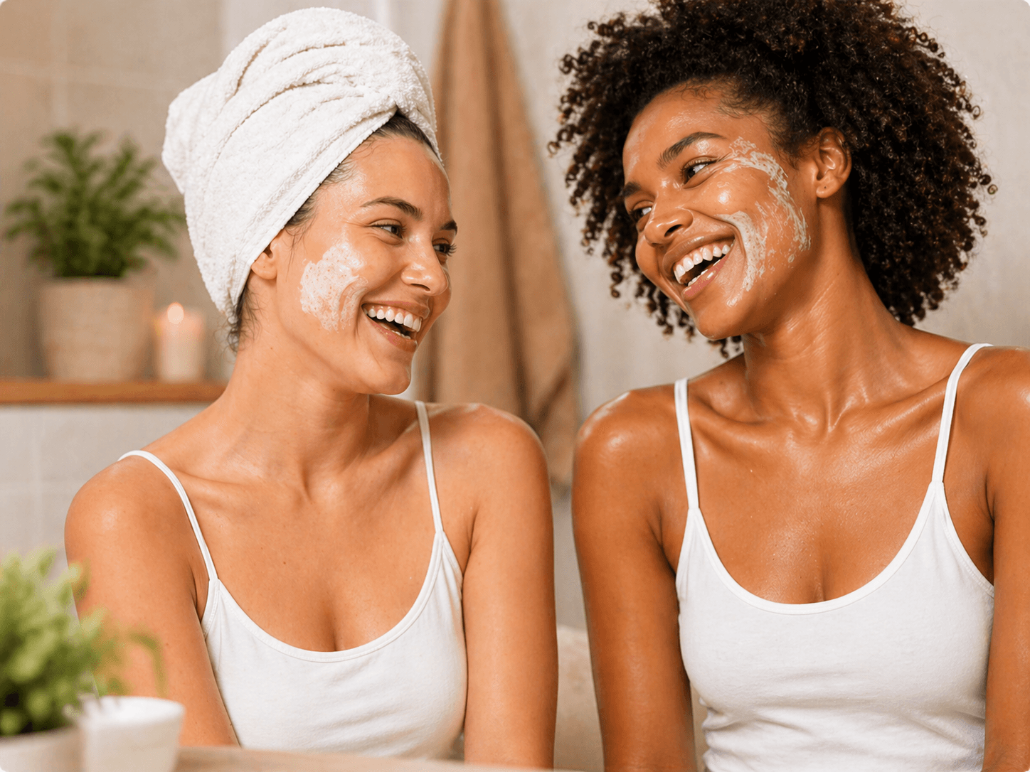 Two smiling women with facial masks on, one with a towel wrapped around her head, in a bathroom setting.
