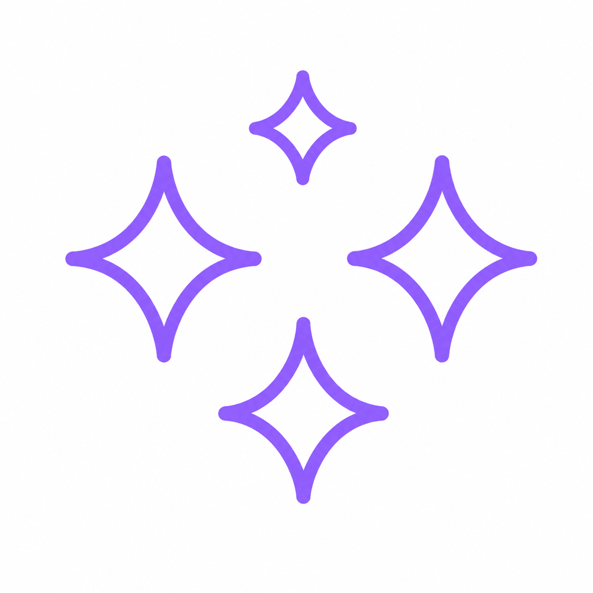 Four purple sparkle or star-shaped icons of varying sizes are arranged on a white background, symbolizing shine, cleanliness, or something new and fresh.