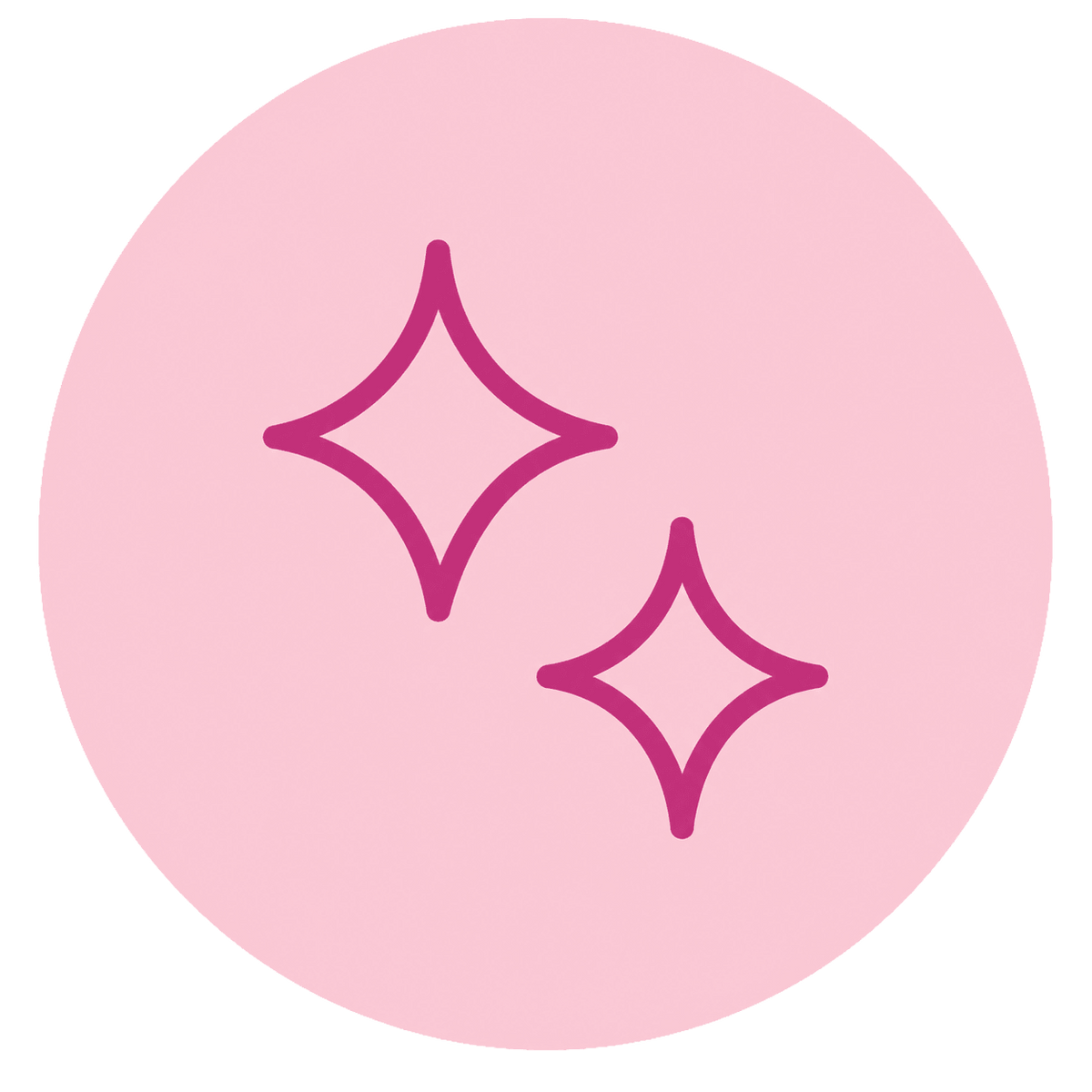 A pink circle with two magenta sparkle icons centered inside, symbolizing cleanliness, shine, or something new or special.